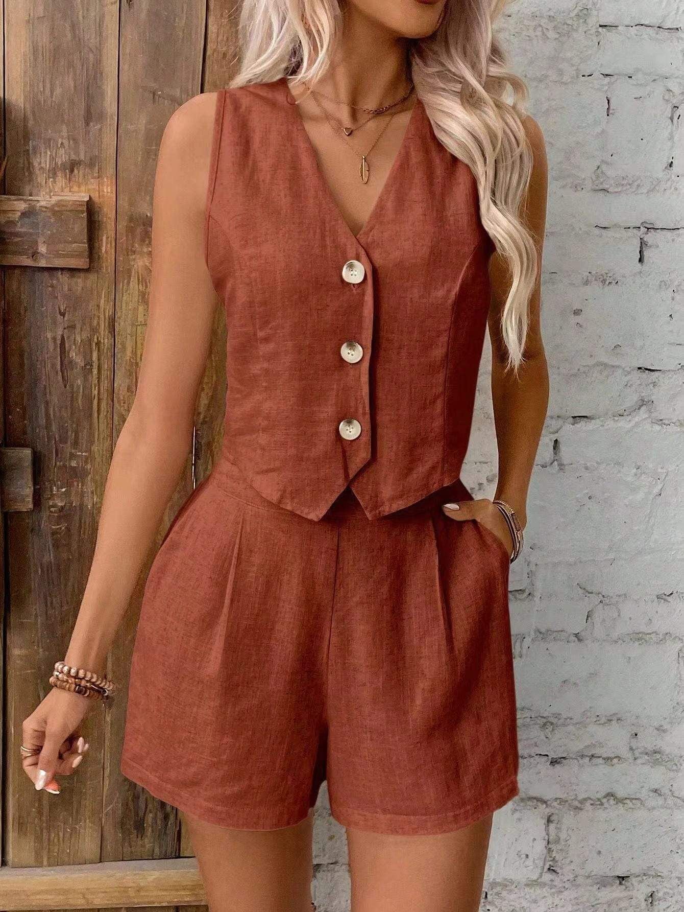 Solid-color buttoned blouse set for women