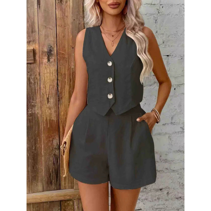 Solid-color buttoned blouse set for women