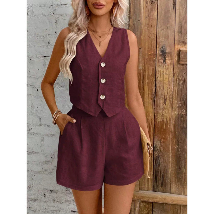 Solid-color buttoned blouse set for women