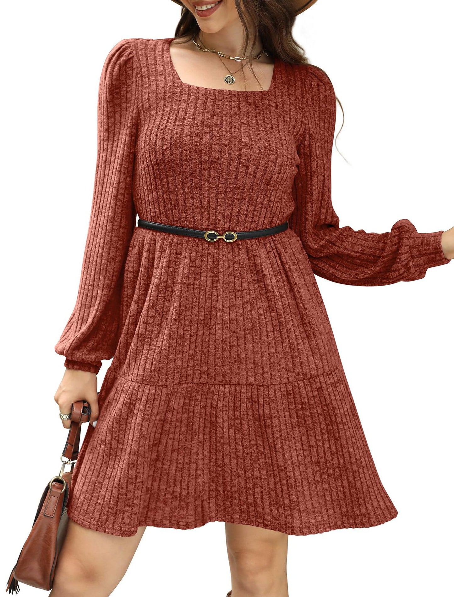 Women's Square Collar Long Sleeve Sweater Dress