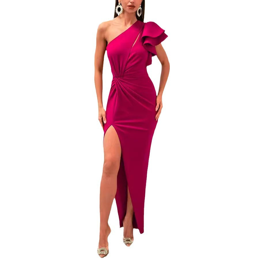 Slightly-sloped shoulder open-work slit dress