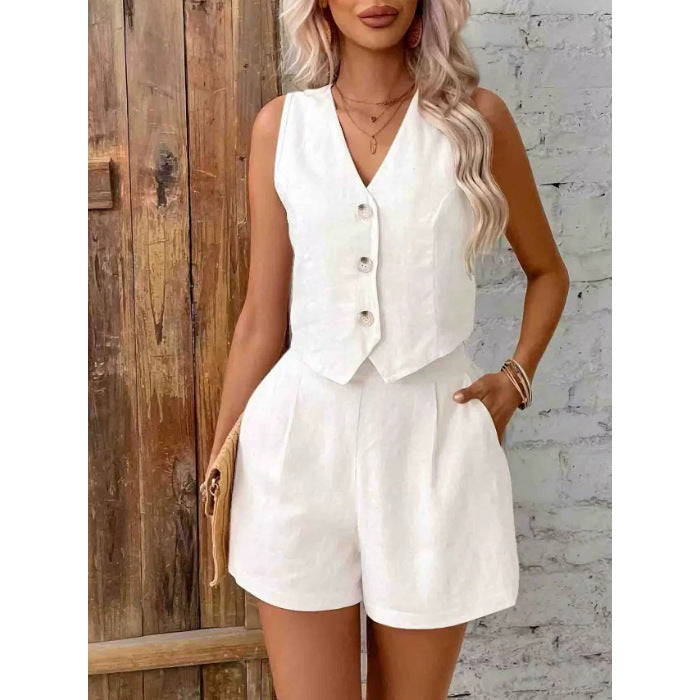 Solid-color buttoned blouse set for women