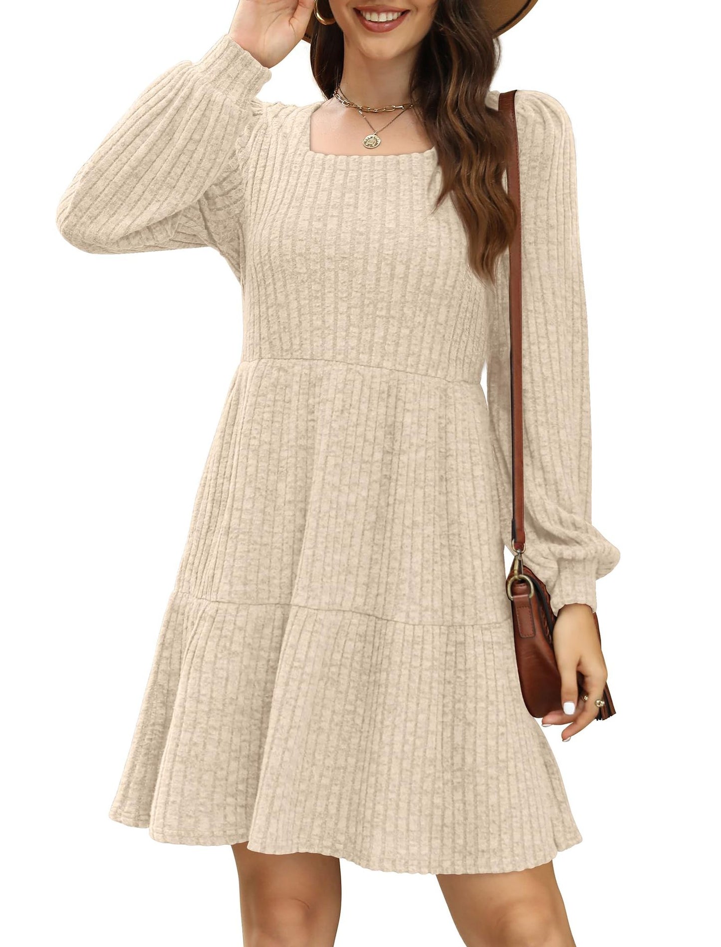 Women's Square Collar Long Sleeve Sweater Dress