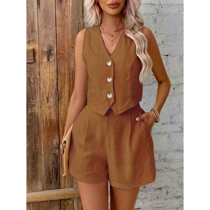 Solid-color buttoned blouse set for women