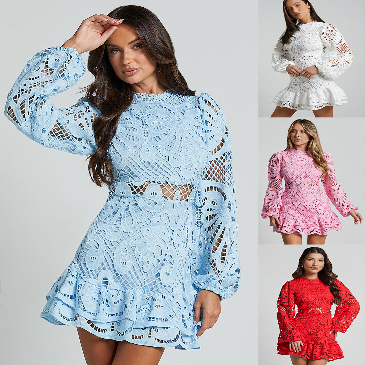 Standing collar lantern-style long-sleeved fitted dress
