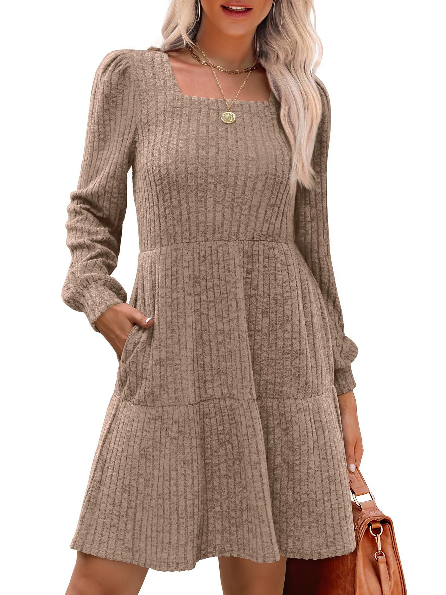 Women's Square Collar Long Sleeve Sweater Dress