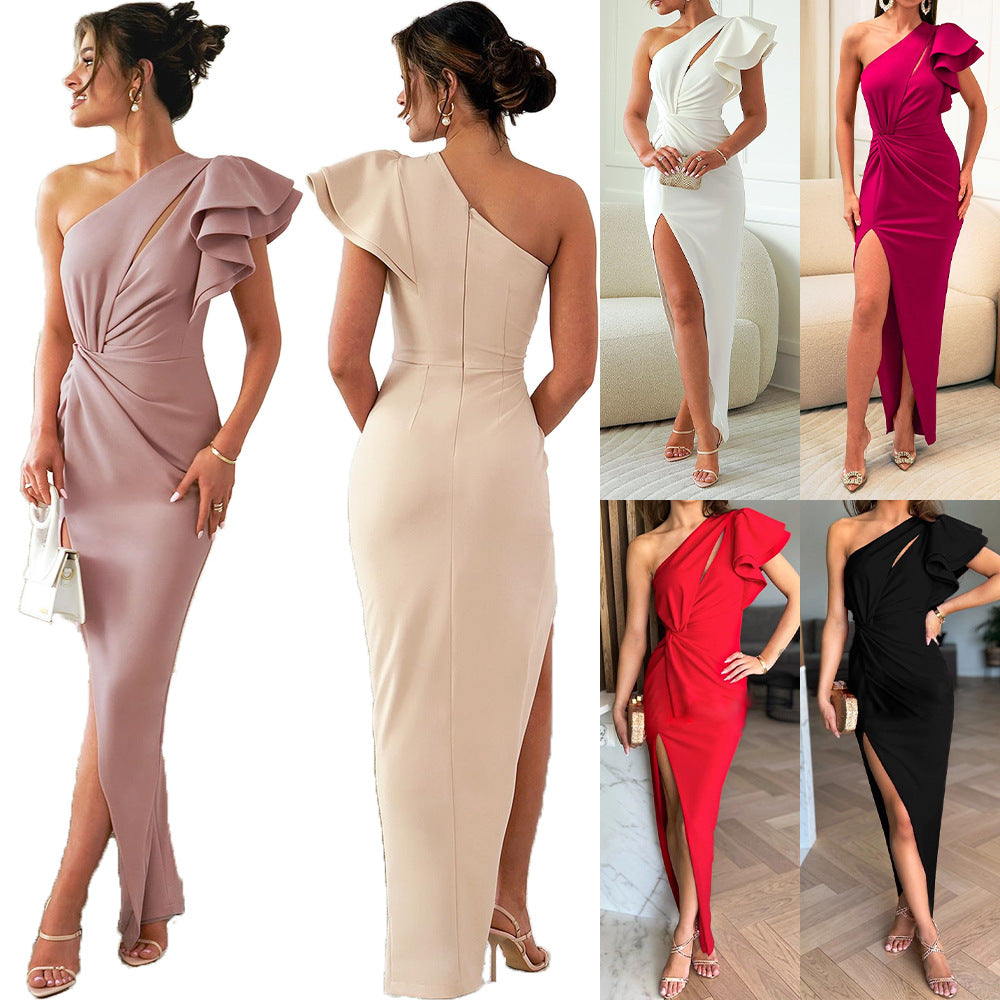Slightly-sloped shoulder open-work slit dress