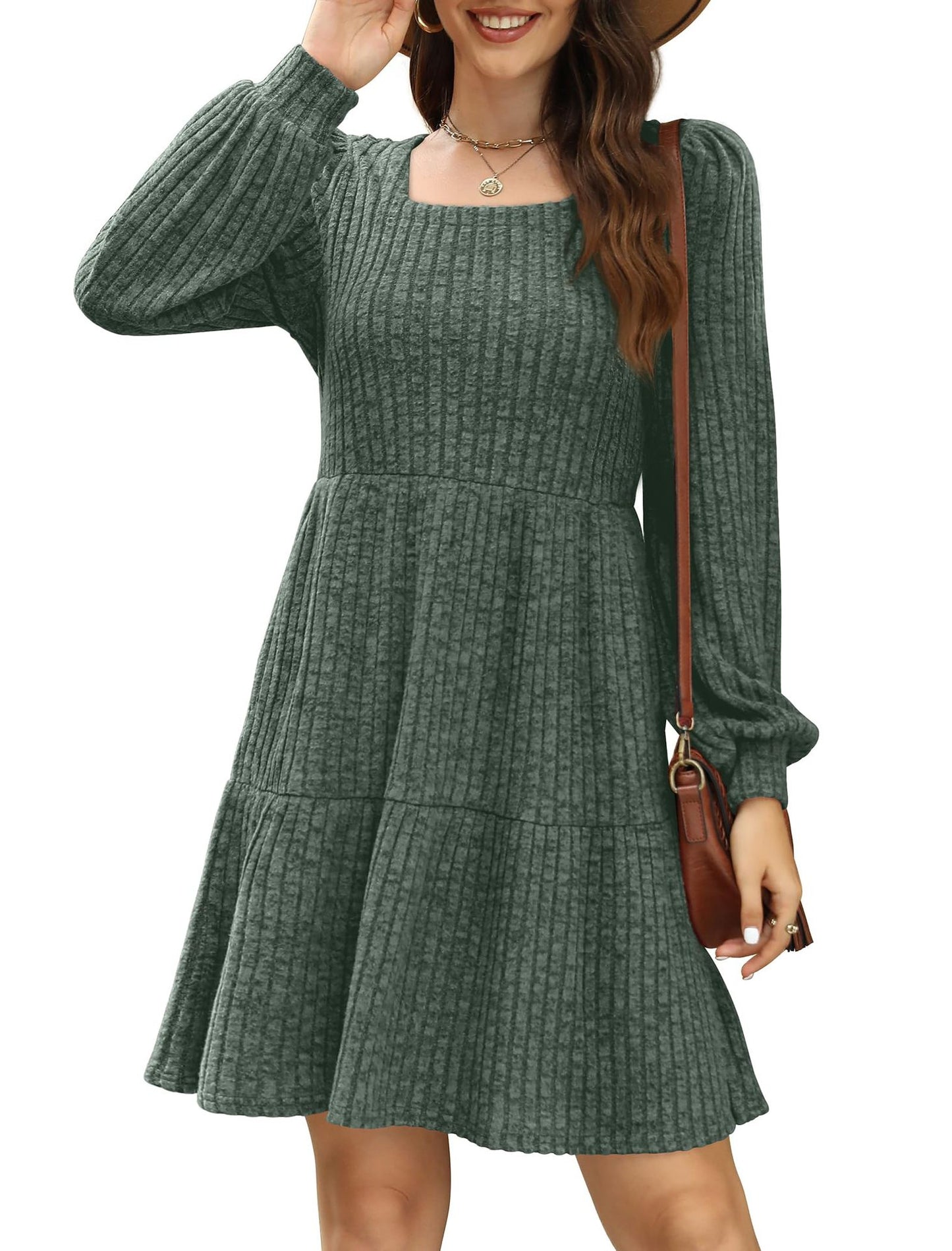 Women's Square Collar Long Sleeve Sweater Dress
