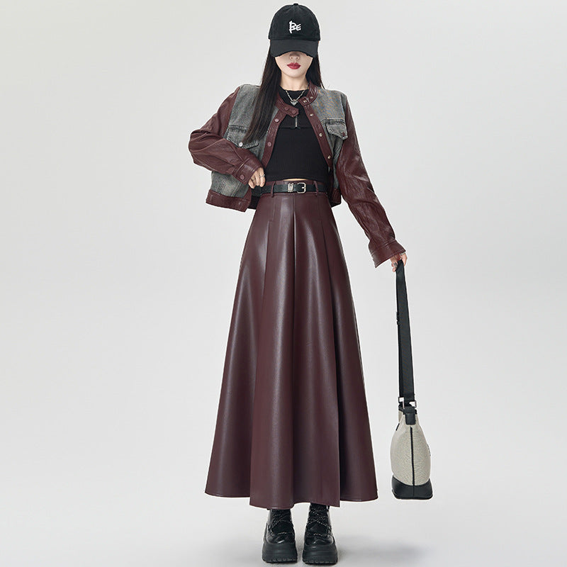 Women's High Waist PU Leather Pleated Skirt