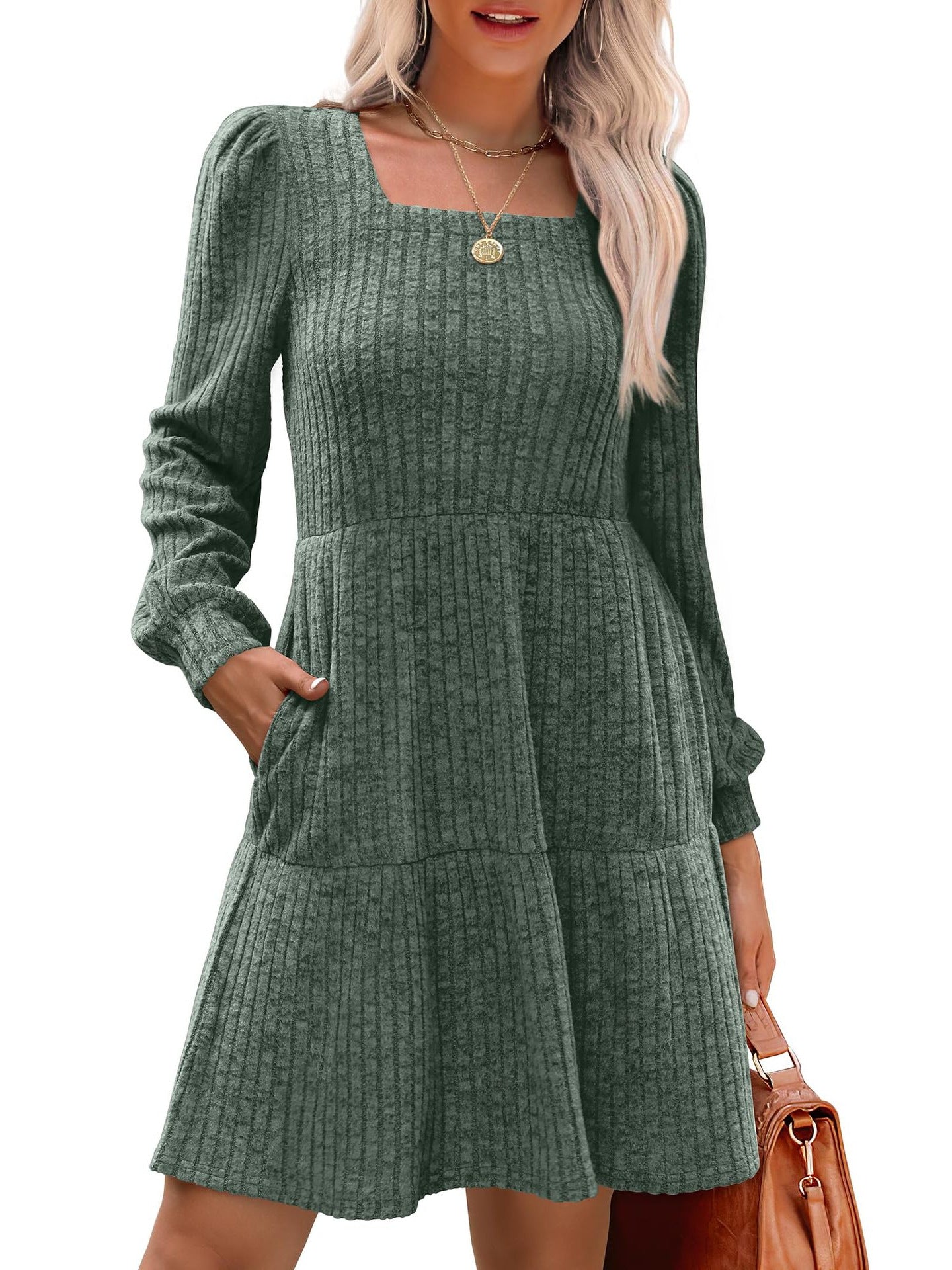 Women's Square Collar Long Sleeve Sweater Dress