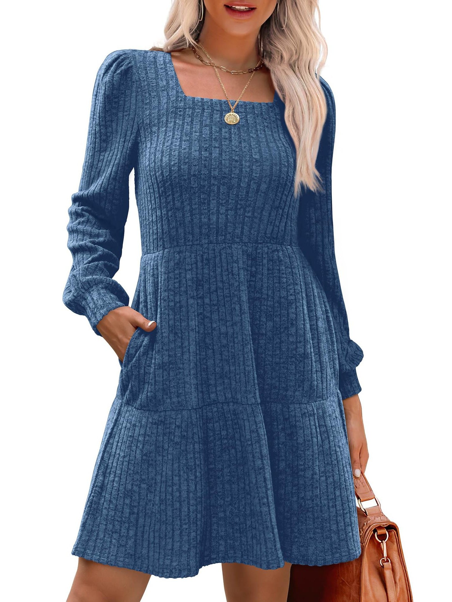 Women's Square Collar Long Sleeve Sweater Dress