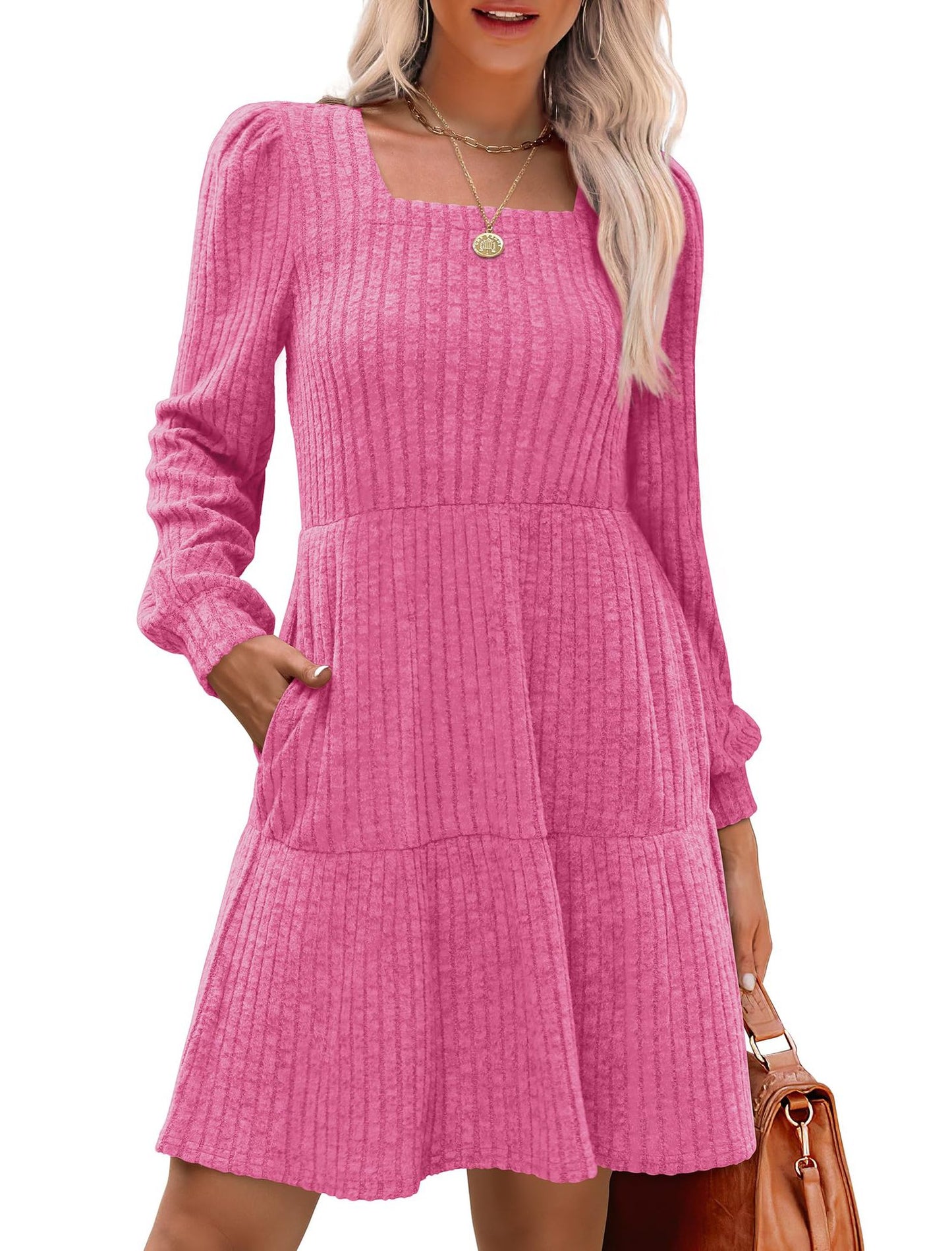 Women's Square Collar Long Sleeve Sweater Dress