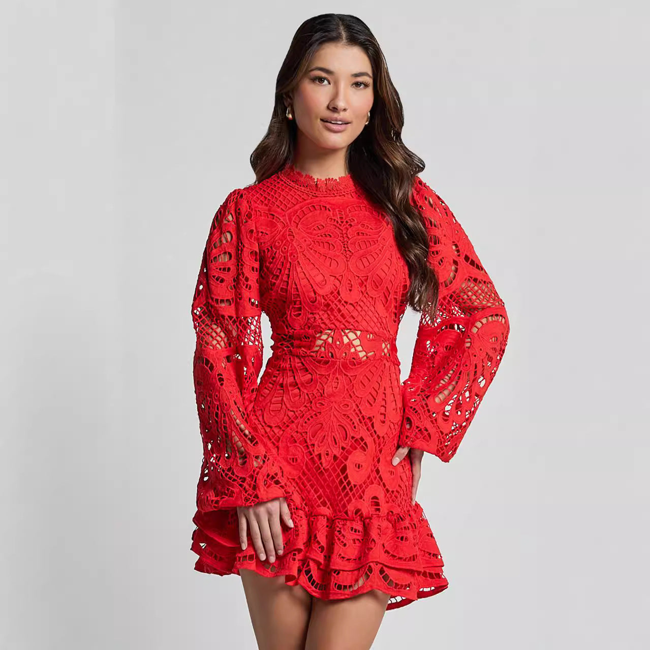 Standing collar lantern-style long-sleeved fitted dress