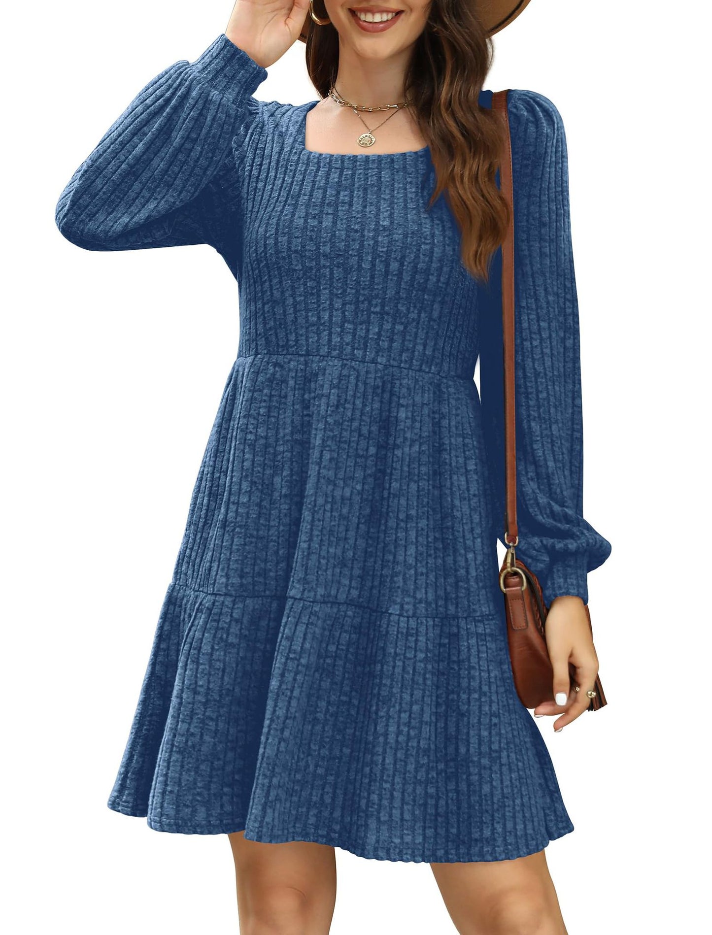 Women's Square Collar Long Sleeve Sweater Dress