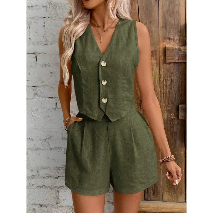 Solid-color buttoned blouse set for women