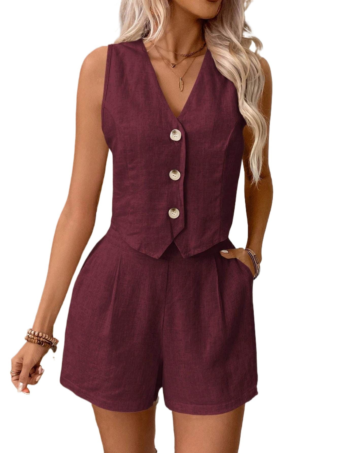 Solid-color buttoned blouse set for women