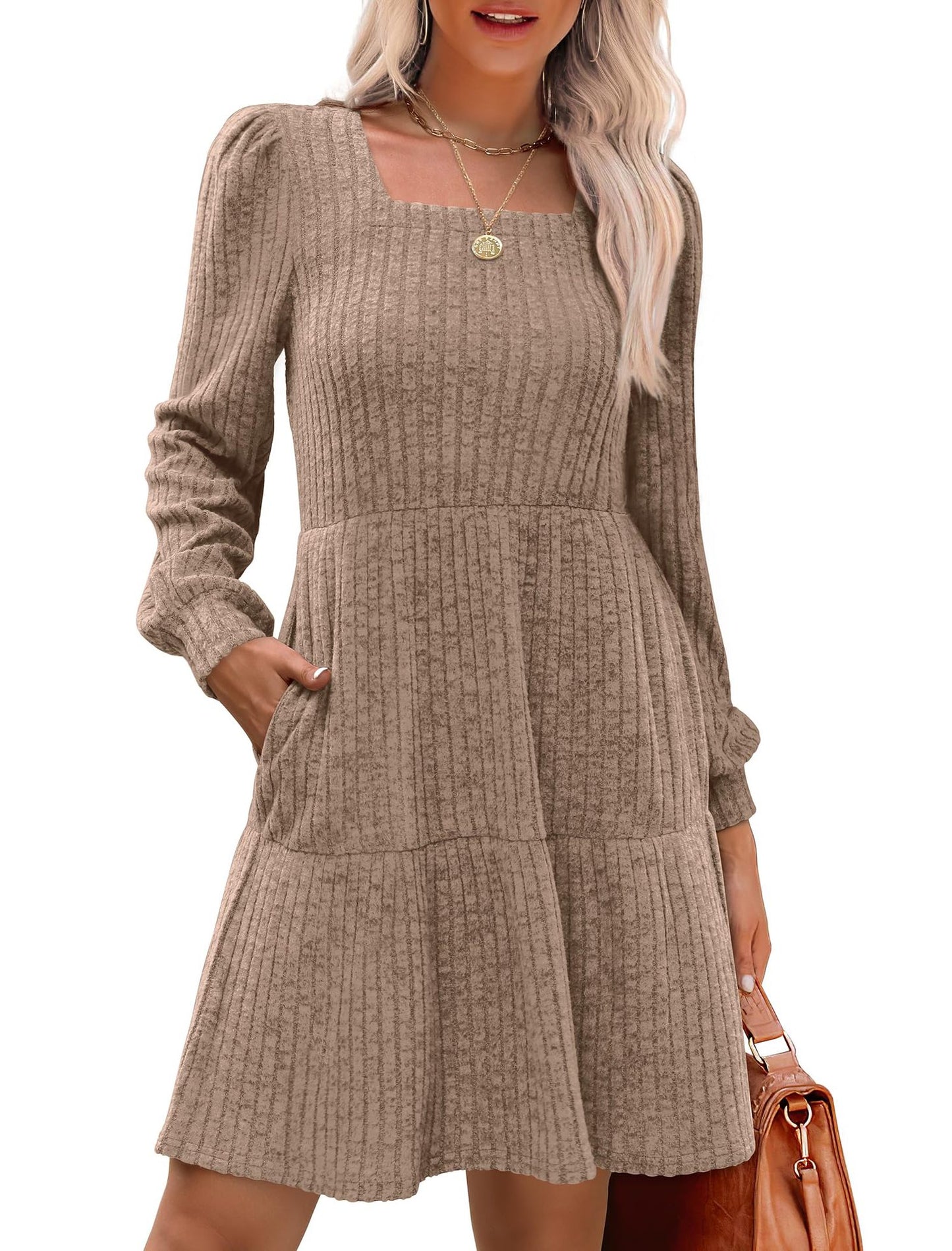 Women's Square Collar Long Sleeve Sweater Dress