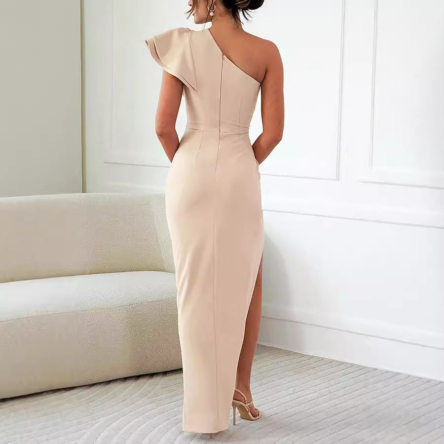 Slightly-sloped shoulder open-work slit dress