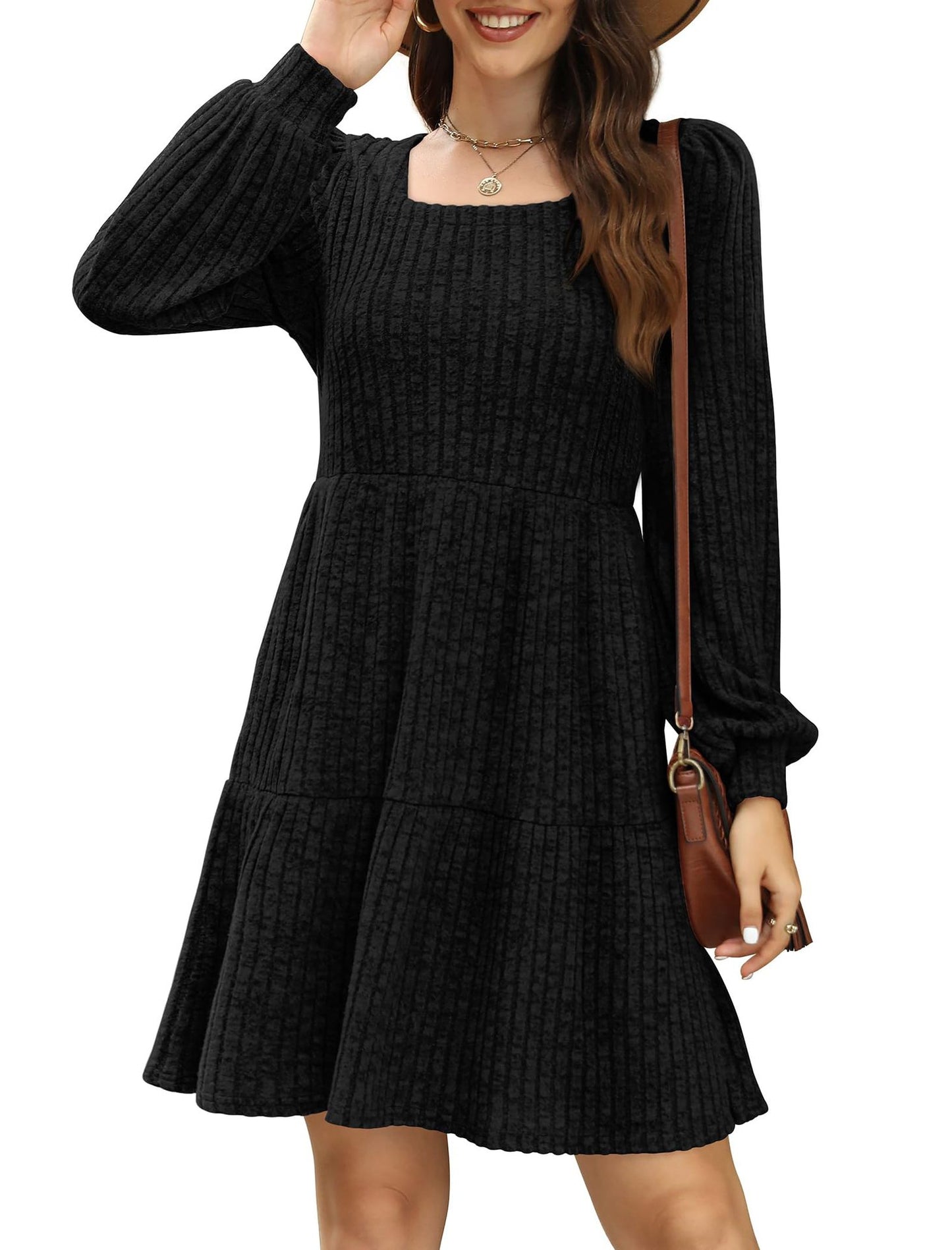 Women's Square Collar Long Sleeve Sweater Dress