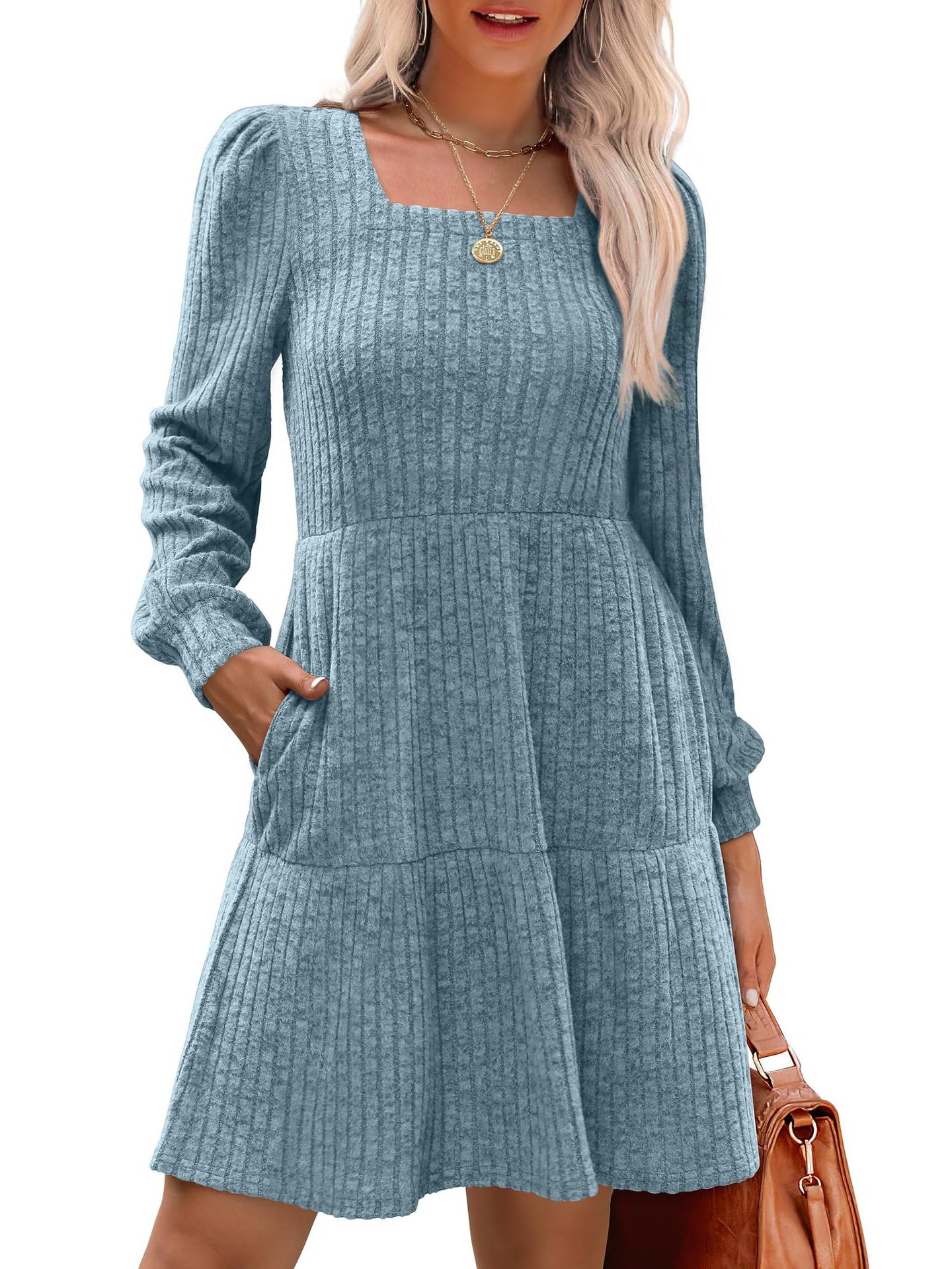 Women's Square Collar Long Sleeve Sweater Dress