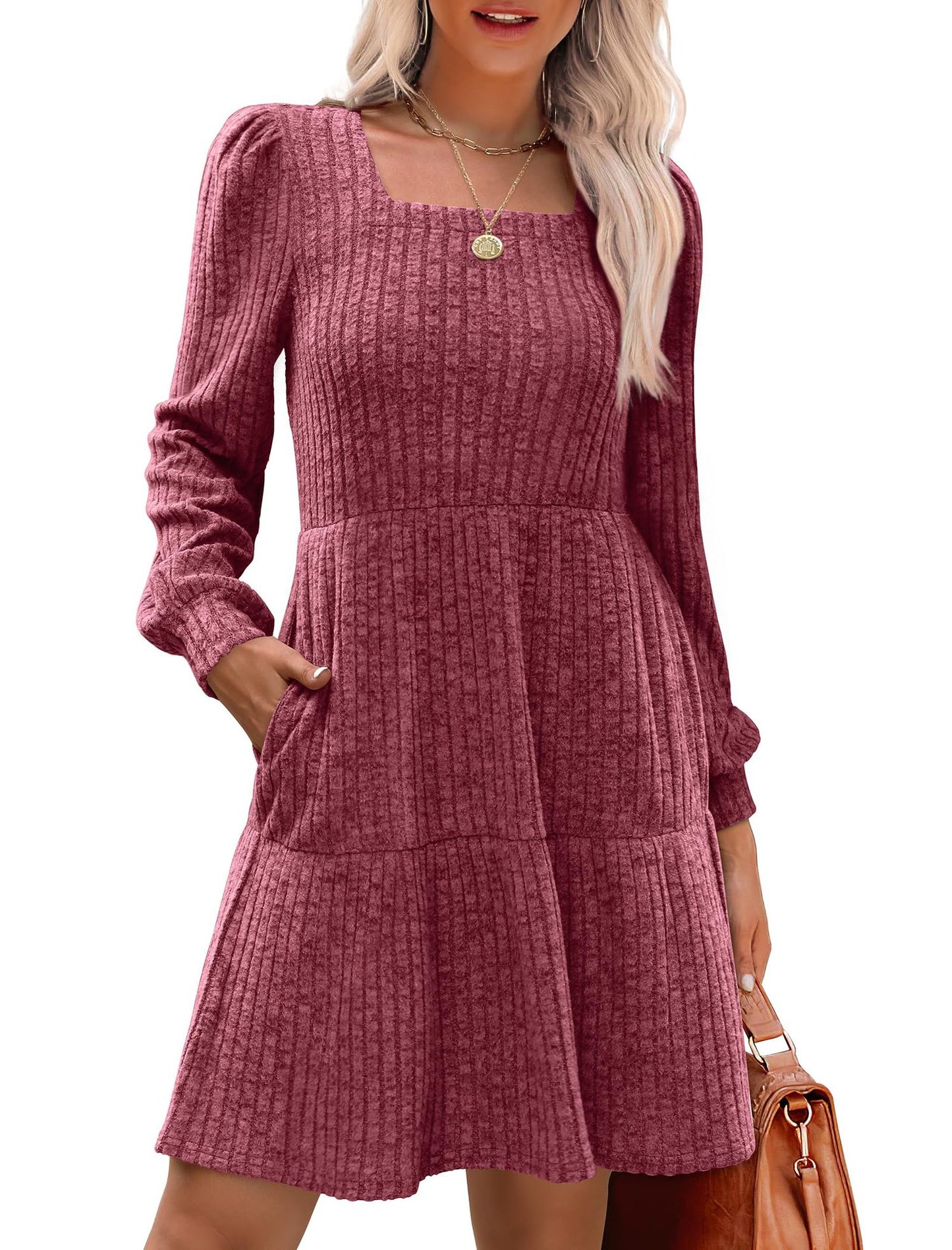 Women's Square Collar Long Sleeve Sweater Dress