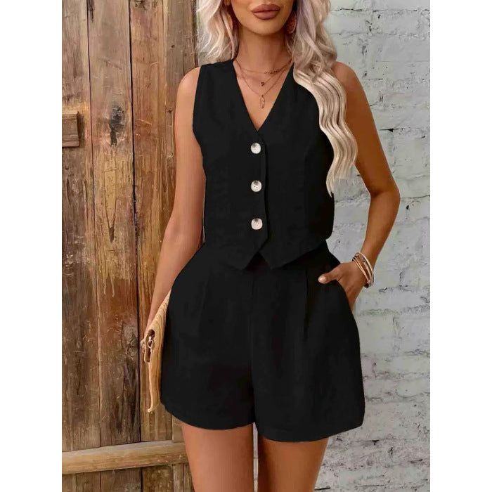 Solid-color buttoned blouse set for women