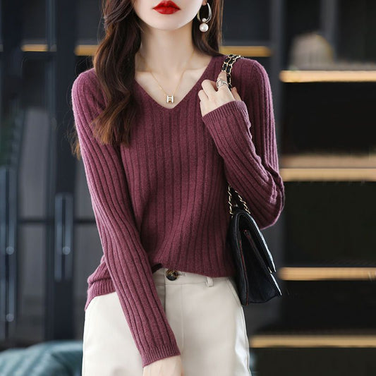 V-Neck Knitted Long-Sleeve Sweater
