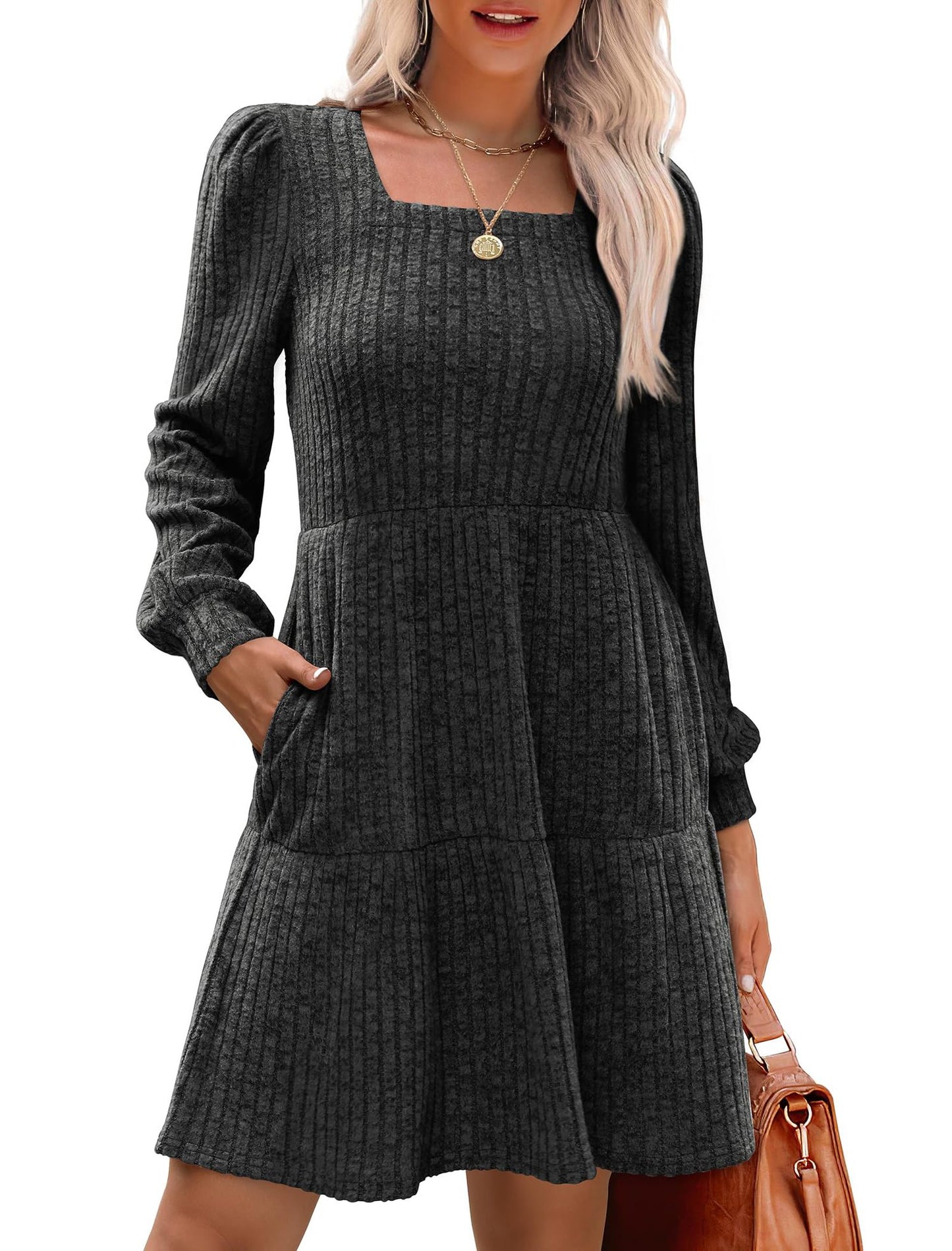 Women's Square Collar Long Sleeve Sweater Dress