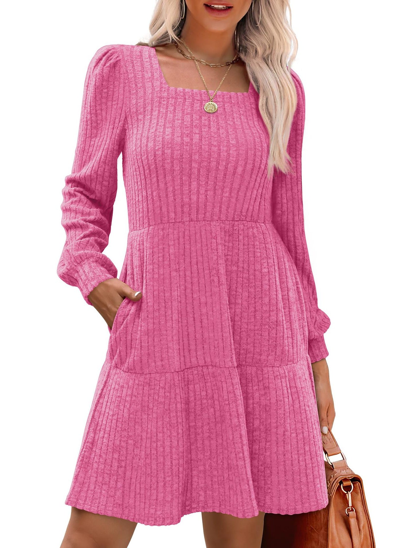 Women's Square Collar Long Sleeve Sweater Dress
