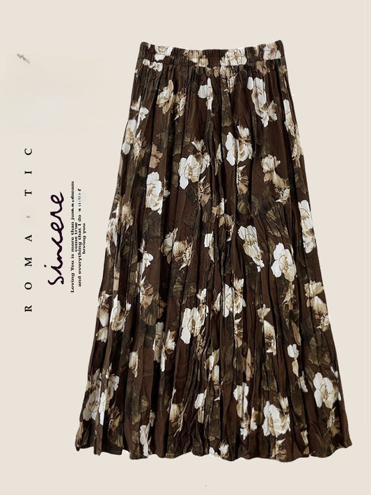 Vintage Floral Pleated Skirt Women Casual Midi Dress