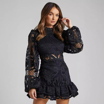 Standing collar lantern-style long-sleeved fitted dress
