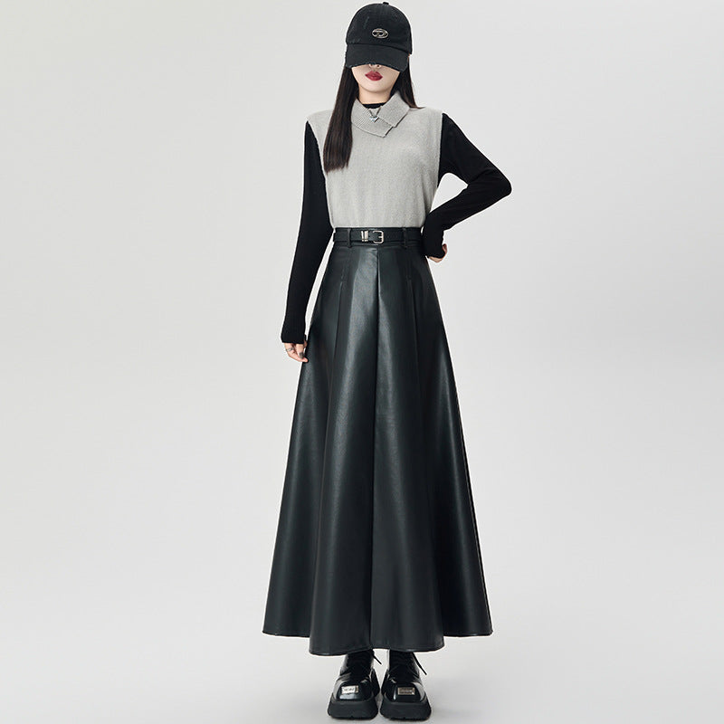 Women's High Waist PU Leather Pleated Skirt