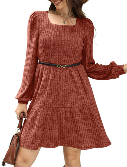 Women's Square Collar Long Sleeve Sweater Dress