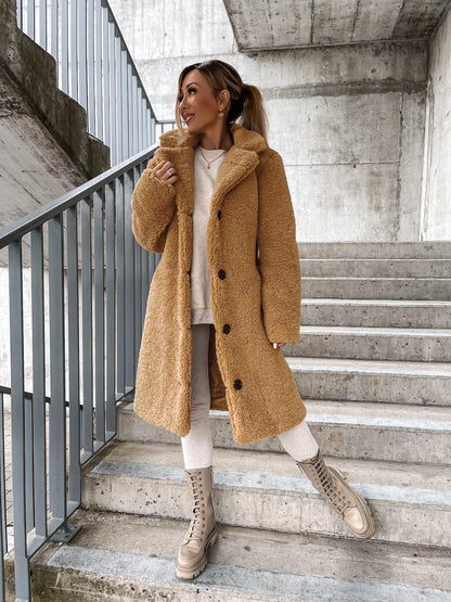 Long Sleeve Lapel Women's Plush Jacket Long Coat