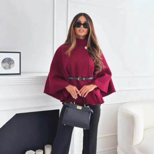 Elegant Women's Wool Blend Cape Coat with Waist Tie