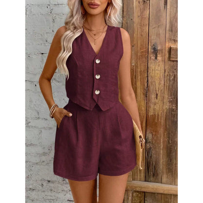 Solid-color buttoned blouse set for women