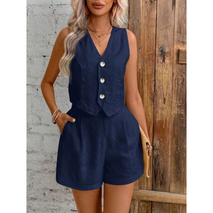 Solid-color buttoned blouse set for women