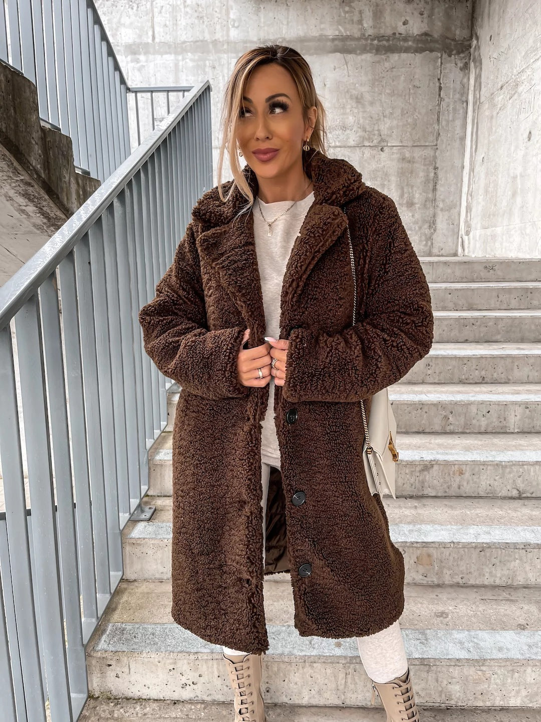 Long Sleeve Lapel Women's Plush Jacket Long Coat