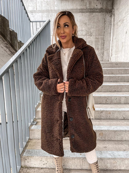 Long Sleeve Lapel Women's Plush Jacket Long Coat