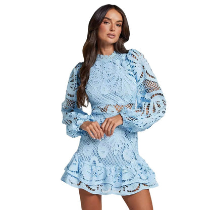 Standing collar lantern-style long-sleeved fitted dress