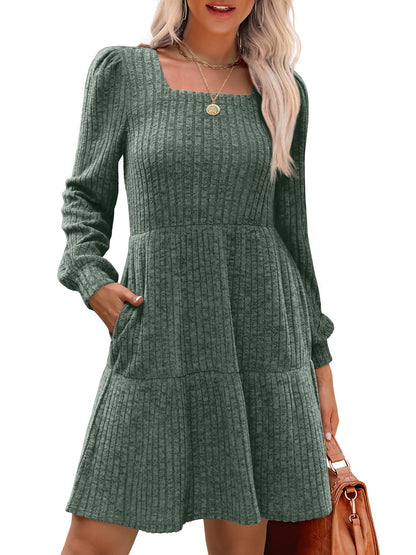 Women's Square Collar Long Sleeve Sweater Dress