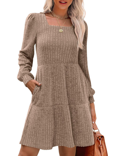 Women's Square Collar Long Sleeve Sweater Dress