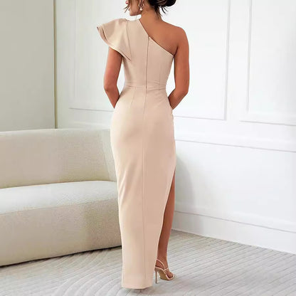 Slightly-sloped shoulder open-work slit dress