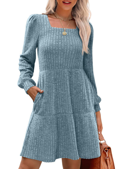 Women's Square Collar Long Sleeve Sweater Dress